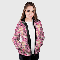 Куртка с капюшоном женская Розовый тропический узор, цвет: 3D-черный — фото 2