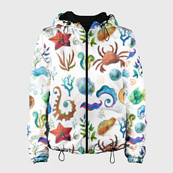 Куртка с капюшоном женская Морской паттерн с крабами и водорослями, цвет: 3D-черный