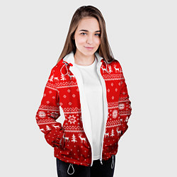 Куртка с капюшоном женская Красный узор с оленями, цвет: 3D-белый — фото 2