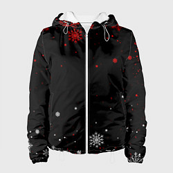 Куртка с капюшоном женская КРАСНО БЕЛЫЕ СНЕЖИНКИ НА ЧЁРНОМ ФОНЕ, цвет: 3D-белый