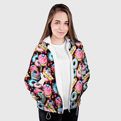 Куртка с капюшоном женская Узор из сладостей на черном фоне, цвет: 3D-белый — фото 2