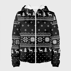 Куртка с капюшоном женская ЧЁРНЫЙ НОВОГОДНИЙ СВИТЕР С ОЛЕНЯМИ 2022, цвет: 3D-белый