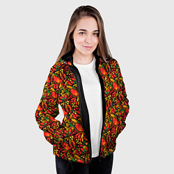 Куртка с капюшоном женская Желтые и красные цветы, птицы и ягоды хохлома, цвет: 3D-черный — фото 2