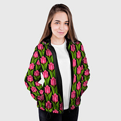 Куртка с капюшоном женская Красные тюльпаны на черном фоне, цвет: 3D-черный — фото 2