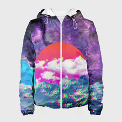 Куртка с капюшоном женская Закат красного солнца Импрессионизм Горы Neon, цвет: 3D-белый