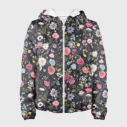 Куртка с капюшоном женская Разные цветы, листья, травы на темном фоне, цвет: 3D-белый