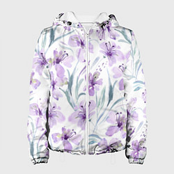 Куртка с капюшоном женская Цветы Фиолетовые Нарисованные Акварелью, цвет: 3D-белый