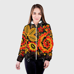 Куртка с капюшоном женская Хохломская Роспись Цветы На Тёмном Фоне, цвет: 3D-белый — фото 2