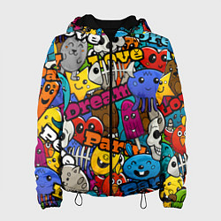 Куртка с капюшоном женская Красочный паттерн из мультяшных героев, цвет: 3D-черный