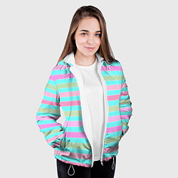 Куртка с капюшоном женская Pink turquoise stripes horizontal Полосатый узор, цвет: 3D-белый — фото 2