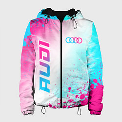 Куртка с капюшоном женская Audi neon gradient style: символ и надпись вертика, цвет: 3D-черный