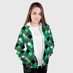Куртка с капюшоном женская Геометрический узор в зеленых и черный тонах, цвет: 3D-белый — фото 2