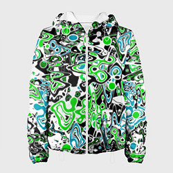 Куртка с капюшоном женская Зелено-голубой абстрактный узор, цвет: 3D-белый