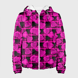 Куртка с капюшоном женская Black and pink hearts pattern on checkered, цвет: 3D-белый