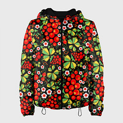 Куртка с капюшоном женская Русские узоры - цветы и ягоды, цвет: 3D-черный
