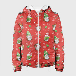Куртка с капюшоном женская Новогодние гномы-паттерн, цвет: 3D-белый