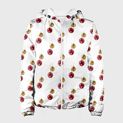 Куртка с капюшоном женская Золотые и красные елочные шары - паттерн, цвет: 3D-белый