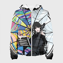 Женская куртка Уэнсдэй играет на виолончели на фоне окна