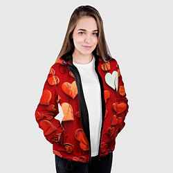 Куртка с капюшоном женская Красные сердца на красном фоне, цвет: 3D-черный — фото 2