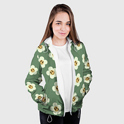 Куртка с капюшоном женская Цветочки-смайлики: темно-зеленый паттерн, цвет: 3D-белый — фото 2