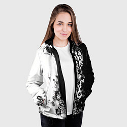 Куртка с капюшоном женская Черно-белая птица среди узорчатых цветов, цвет: 3D-черный — фото 2