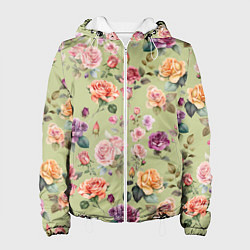 Куртка с капюшоном женская Акварельные цветы - паттерн зеленый, цвет: 3D-белый