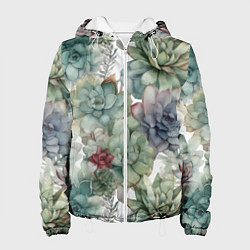 Куртка с капюшоном женская Акварельные суккуленты - паттерн, цвет: 3D-белый