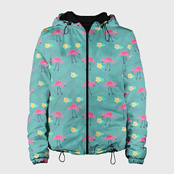 Куртка с капюшоном женская Летний паттерн с фламинго, цвет: 3D-черный