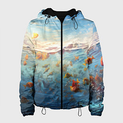 Куртка с капюшоном женская Рыбки выплескиваются из воды, цвет: 3D-черный