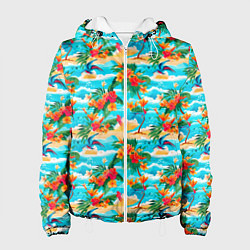 Куртка с капюшоном женская Гавайский стиль море и цветы, цвет: 3D-белый