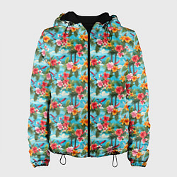 Куртка с капюшоном женская Гавайские цветочки паттерн, цвет: 3D-черный