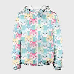 Куртка с капюшоном женская Разноцветные котики на голубом, цвет: 3D-белый