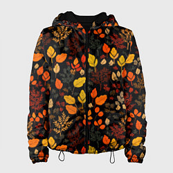 Куртка с капюшоном женская Осенние листья на черном фоне, цвет: 3D-черный