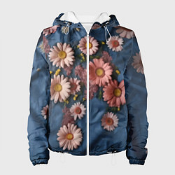 Куртка с капюшоном женская Хризантемы на джинсе, цвет: 3D-белый