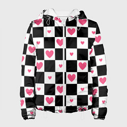 Женская куртка Розовые сердечки на фоне шахматной черно-белой дос