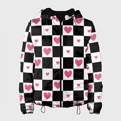 Женская куртка Розовые сердечки на фоне шахматной черно-белой дос
