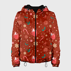 Куртка с капюшоном женская Паттерн новогодняя пижама, цвет: 3D-черный