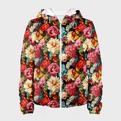 Куртка с капюшоном женская Узор из роз и разных цветов, цвет: 3D-белый
