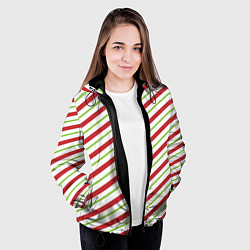Куртка с капюшоном женская Рождественский паттерн красно зеленые полосы, цвет: 3D-черный — фото 2