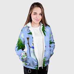 Куртка с капюшоном женская Снеговики с новогодними елками паттерн, цвет: 3D-белый — фото 2