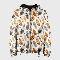 Куртка с капюшоном женская Причудливые перья птиц на белом фоне, цвет: 3D-черный