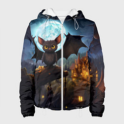 Куртка с капюшоном женская Летучая мышка на фоне луны и замка, цвет: 3D-белый