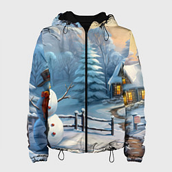 Куртка с капюшоном женская Новый год и снеговик, цвет: 3D-черный