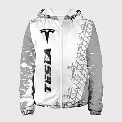 Куртка с капюшоном женская Tesla speed на светлом фоне со следами шин по-верт, цвет: 3D-белый