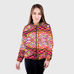 Куртка с капюшоном женская Розовый орнамент имитация ткань икат, цвет: 3D-черный — фото 2