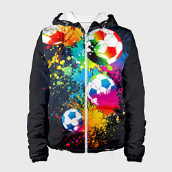 Куртка с капюшоном женская Разноцветные футбольные мячи, цвет: 3D-белый