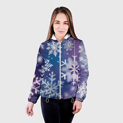 Куртка с капюшоном женская Снежинки на фиолетово-синем фоне, цвет: 3D-белый — фото 2