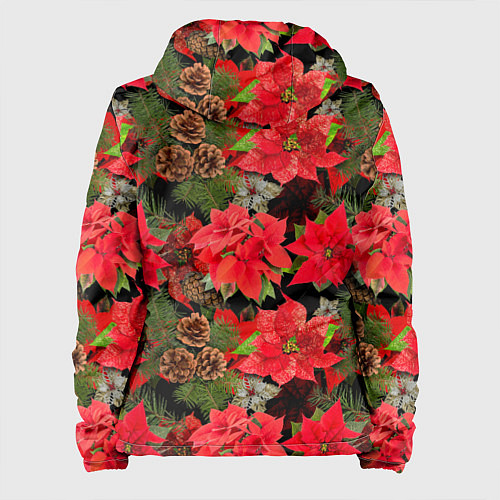 Женская куртка Новогодний узор из пуансетии и еловых шишек / 3D-Черный – фото 2
