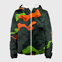 Куртка с капюшоном женская Зеленые и оранжевые кляксы, цвет: 3D-белый