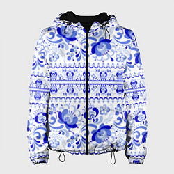 Куртка с капюшоном женская Новогодняя гжельская роспись цветами, цвет: 3D-черный